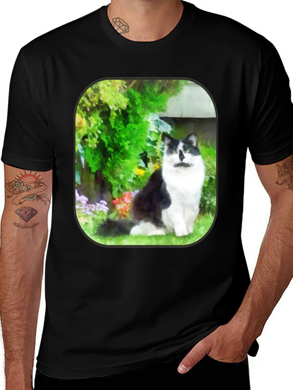 Cat in Garden Black T-Shirt