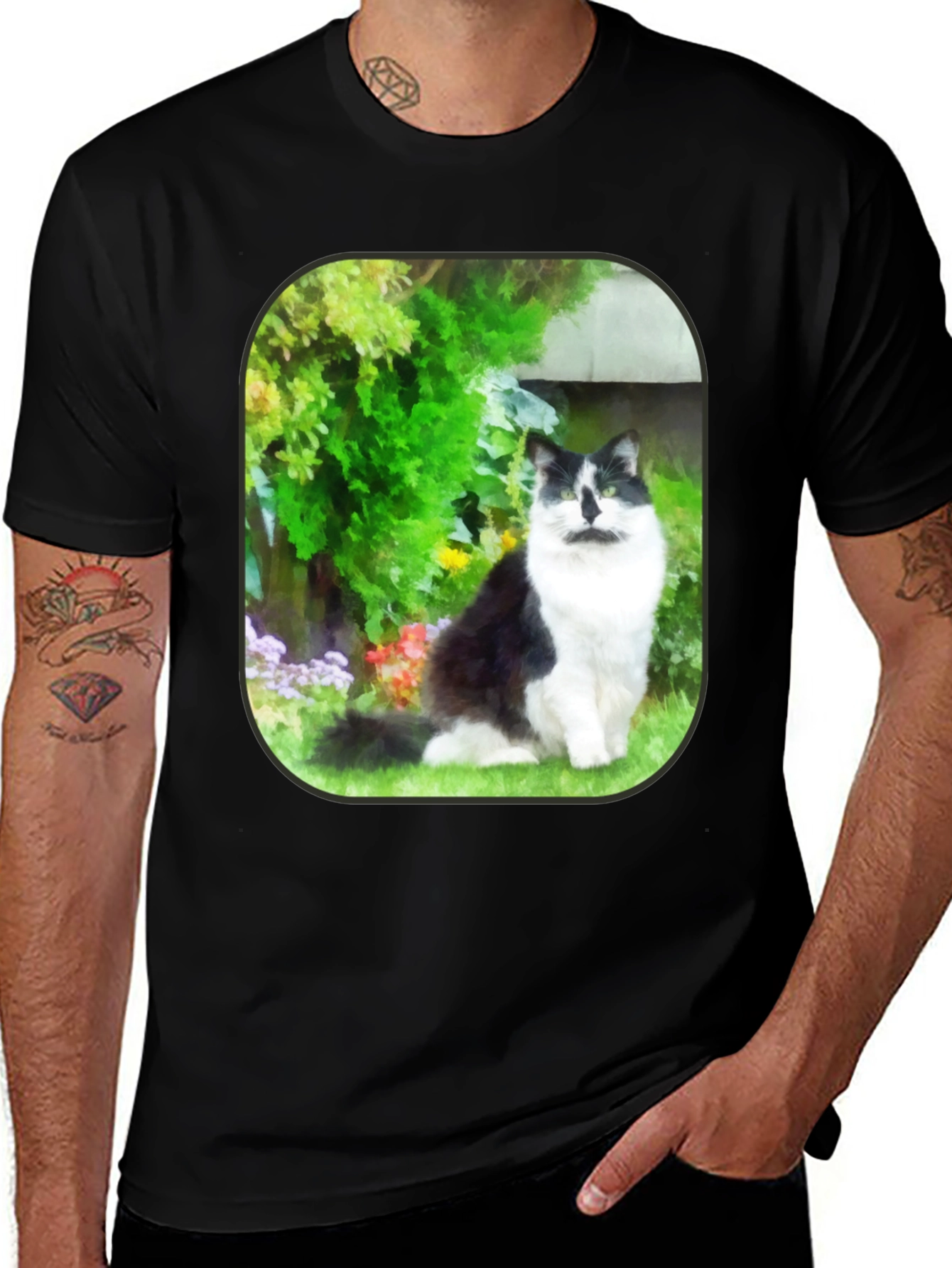 Cat in Garden Black T-Shirt
