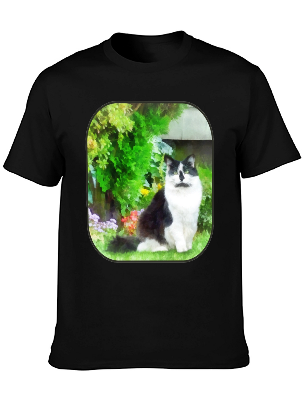 Cat in Garden Black T-Shirt
