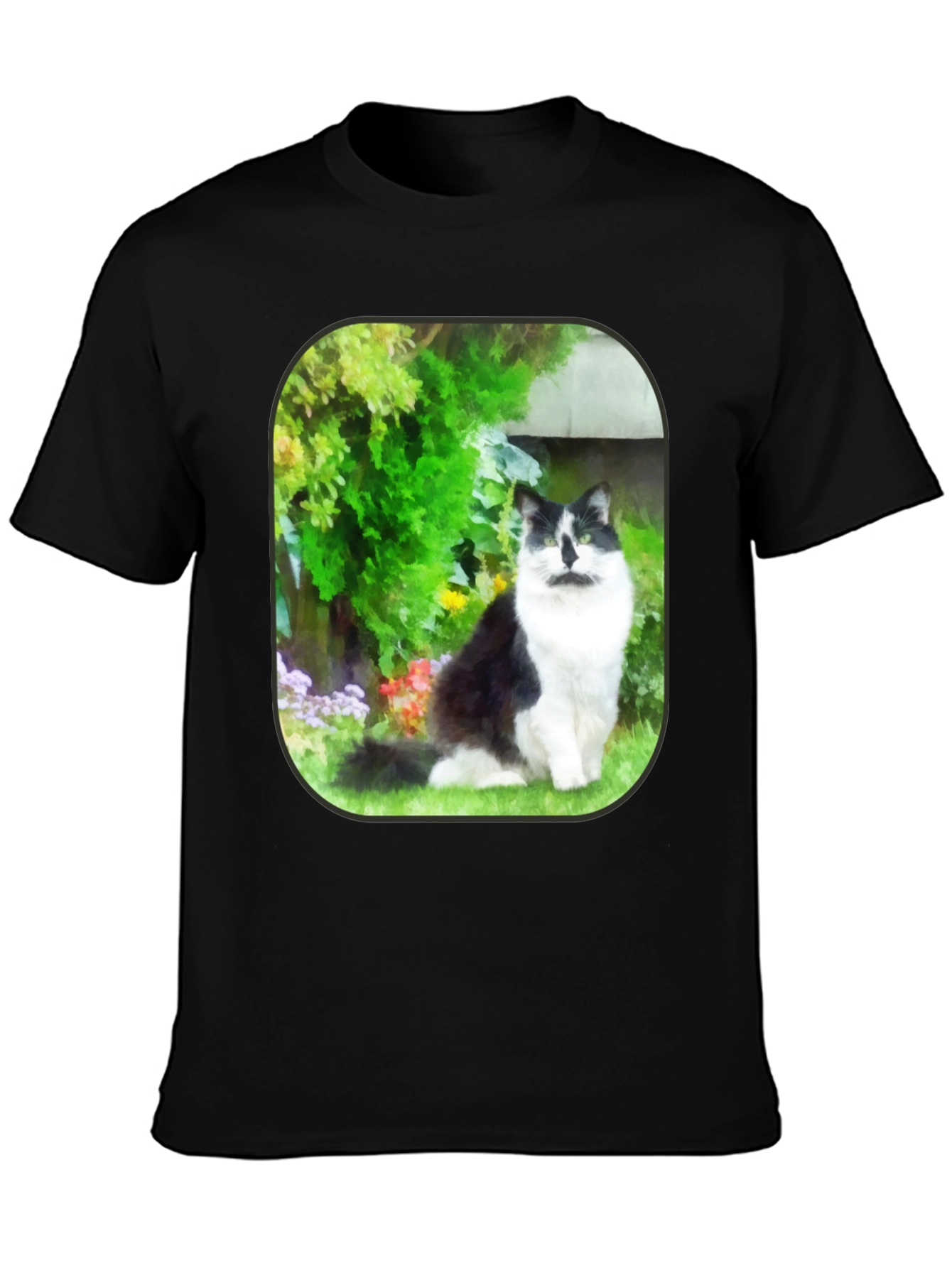 Cat in Garden Black T-Shirt