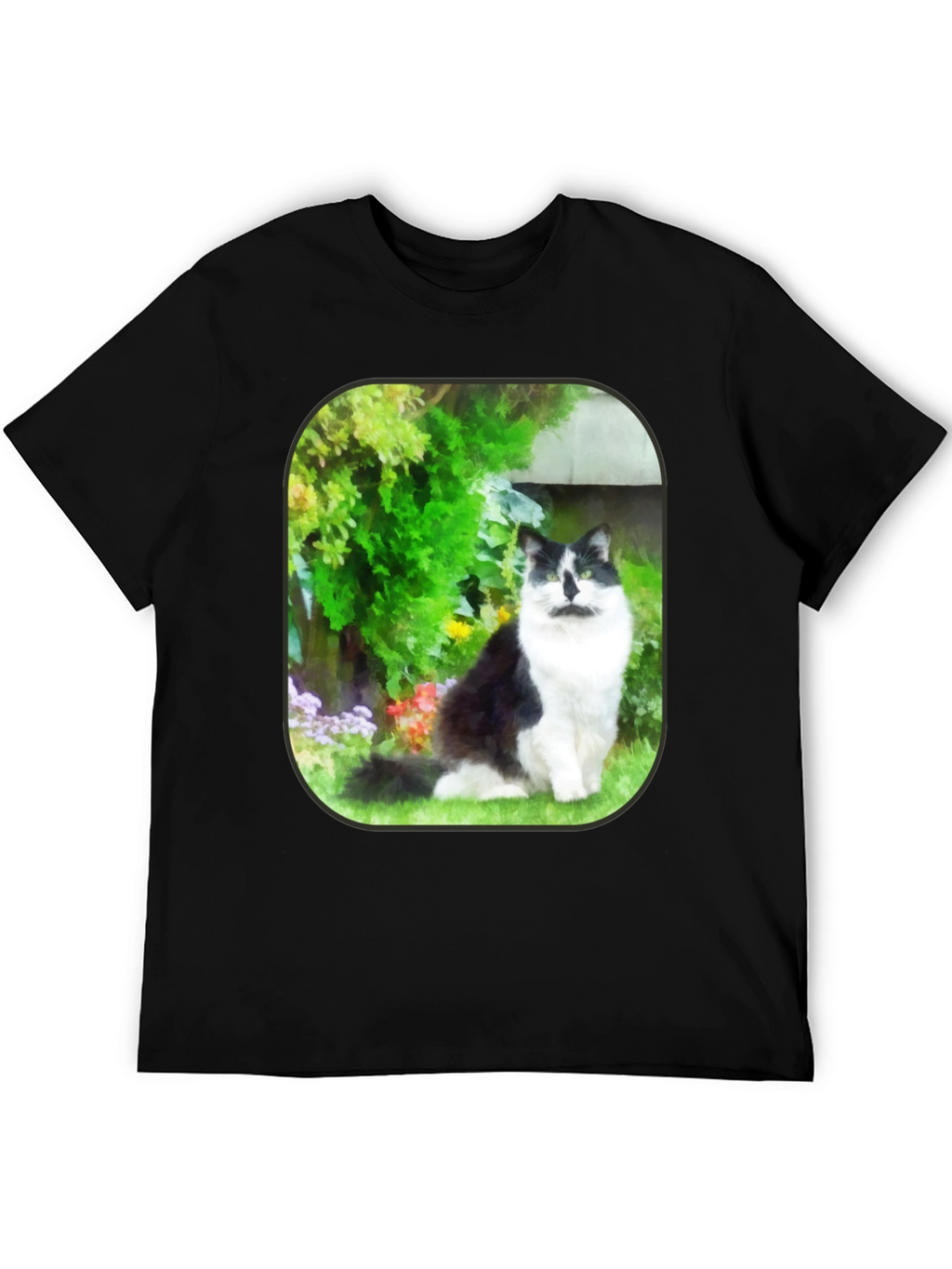 Cat in Garden Black T-Shirt