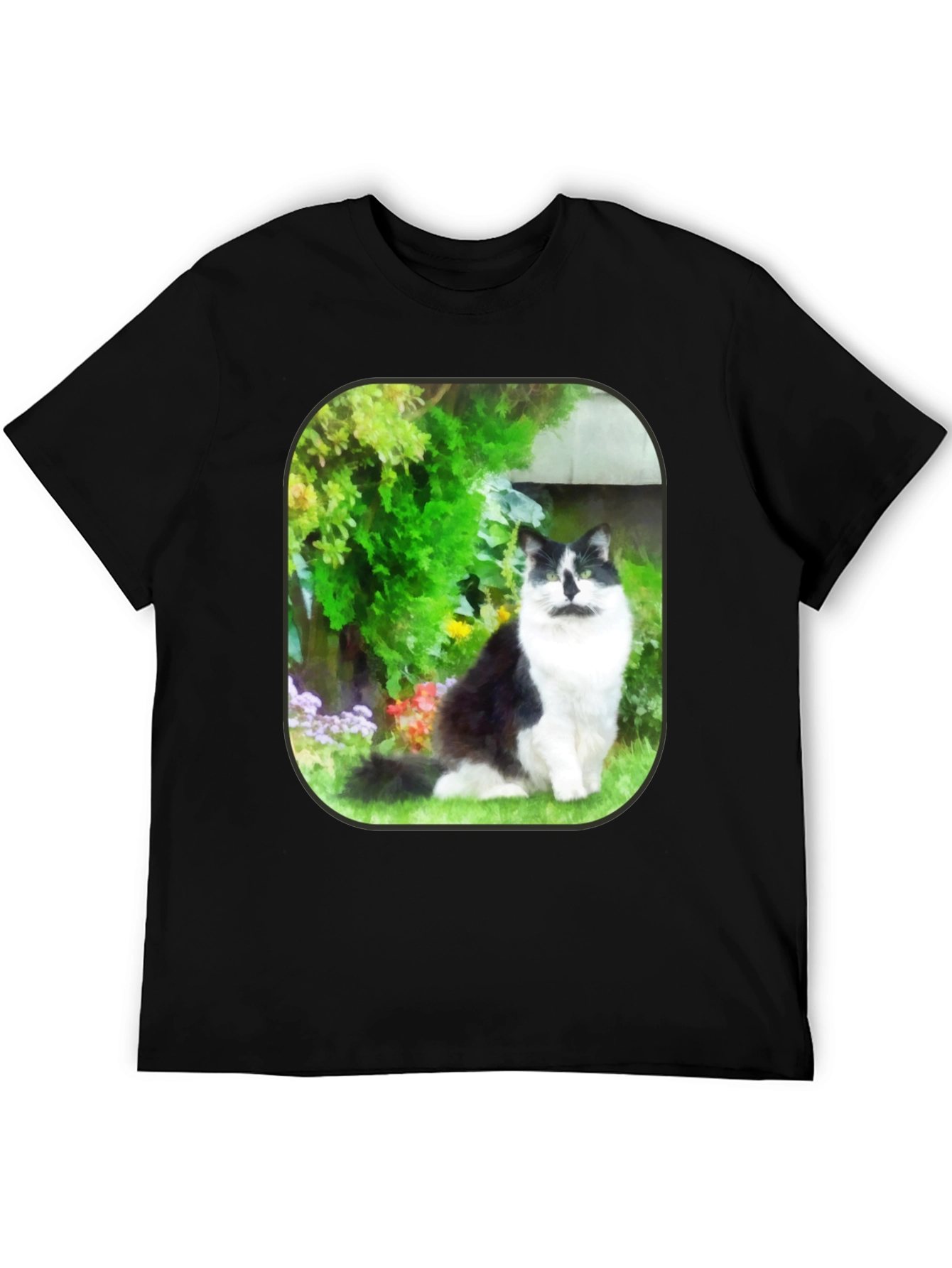 Cat in Garden Black T-Shirt