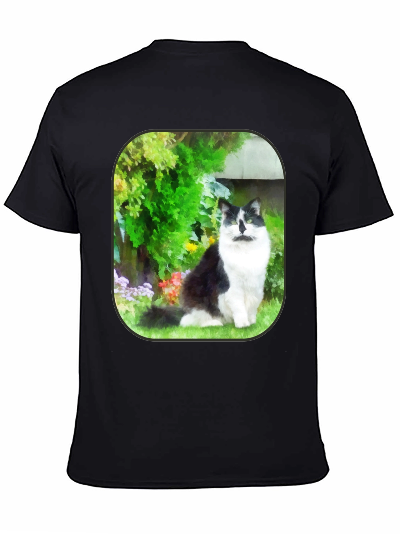 Cat in Garden Black T-Shirt