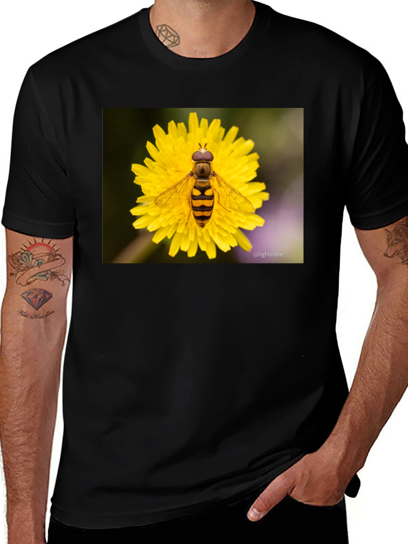 Bee on Flower Graphic Tee - Black Cotton T-Shirt