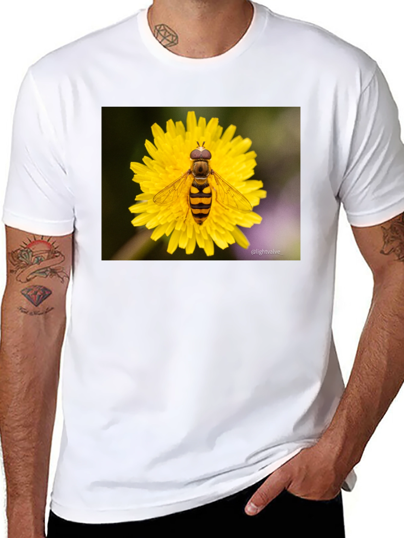 Bee on Flower Graphic Tee - Black Cotton T-Shirt