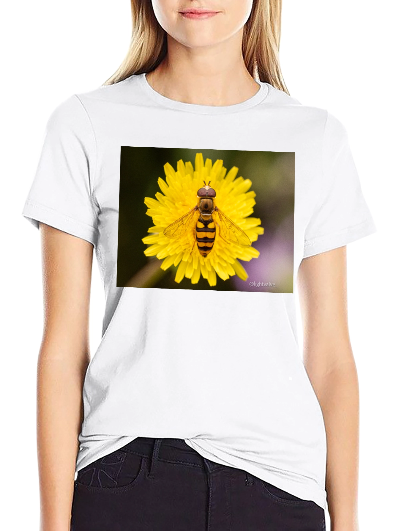 Bee on Flower Graphic Tee - Black Cotton T-Shirt
