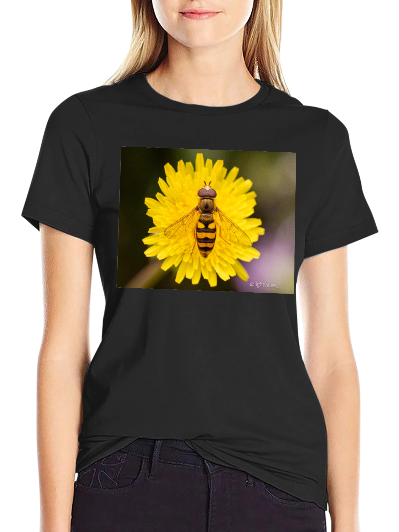 Bee on Flower Graphic Tee - Black Cotton T-Shirt