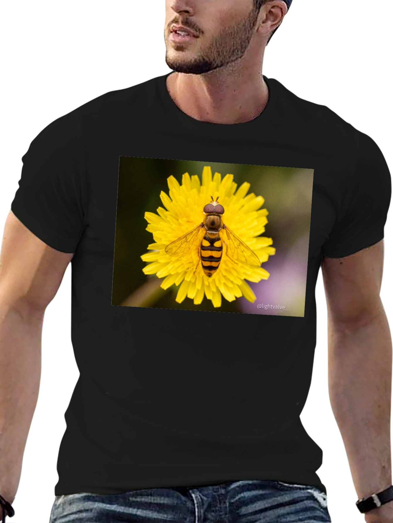Bee on Flower Graphic Tee - Black Cotton T-Shirt