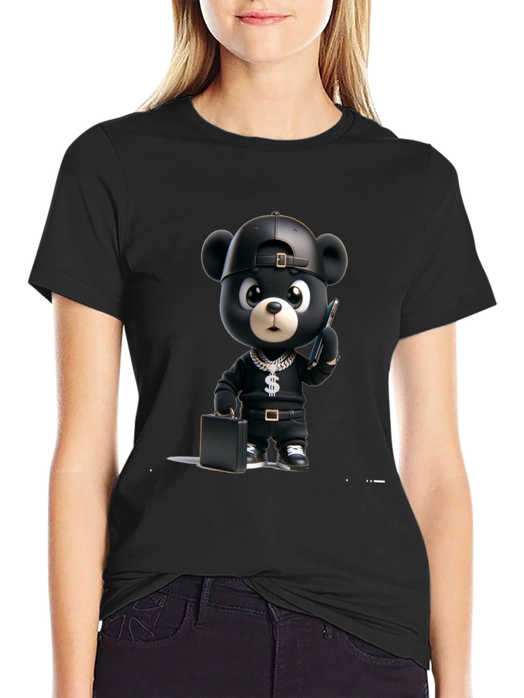 Black Cartoon Bear Graphic Tee