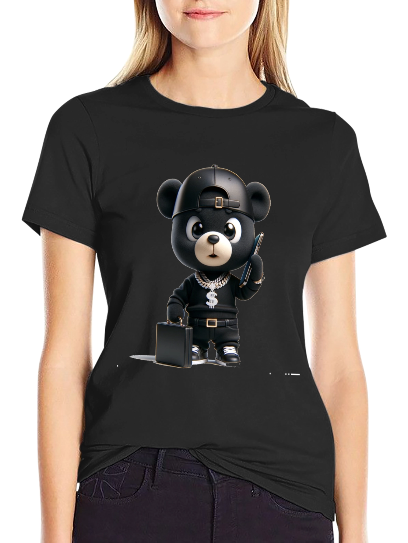 Black Cartoon Bear Graphic Tee