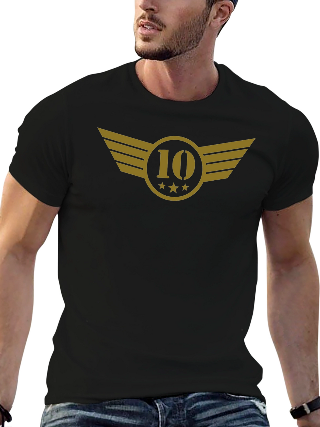 Black T-Shirt with Gold 10 Winged Emblem