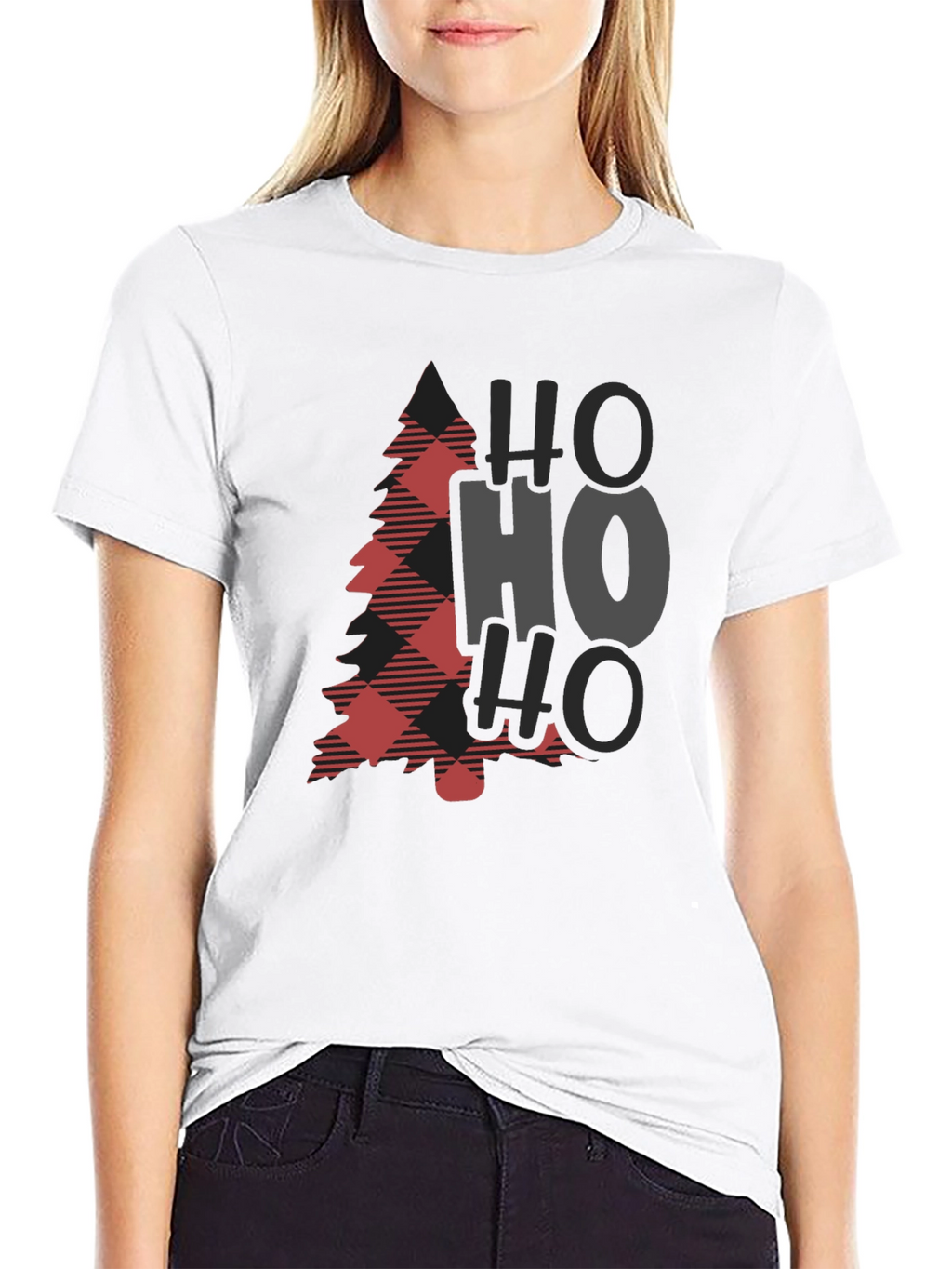 Plaid Christmas Tree HO HO HO Graphic Tee