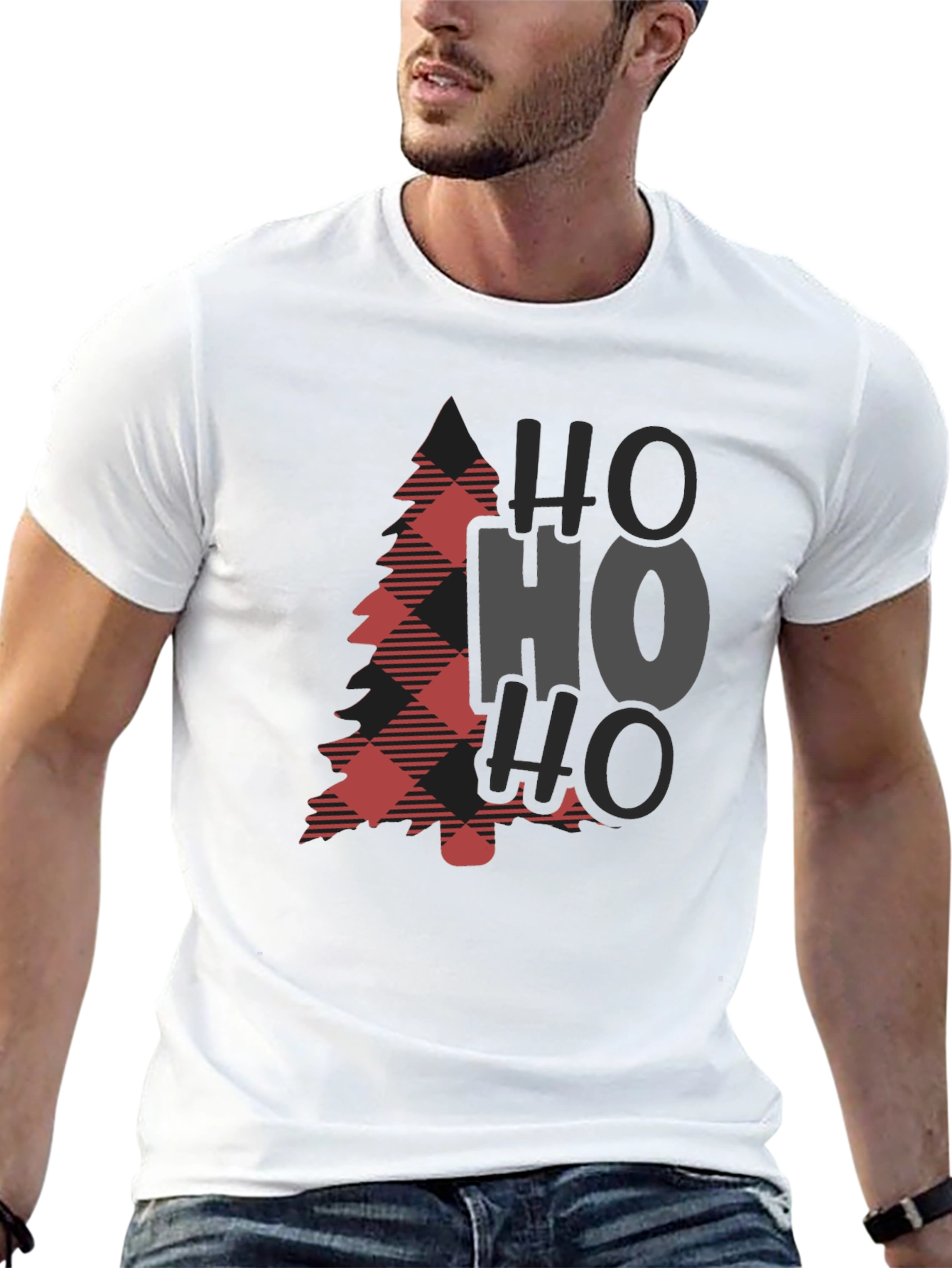 Plaid Christmas Tree HO HO HO Graphic Tee