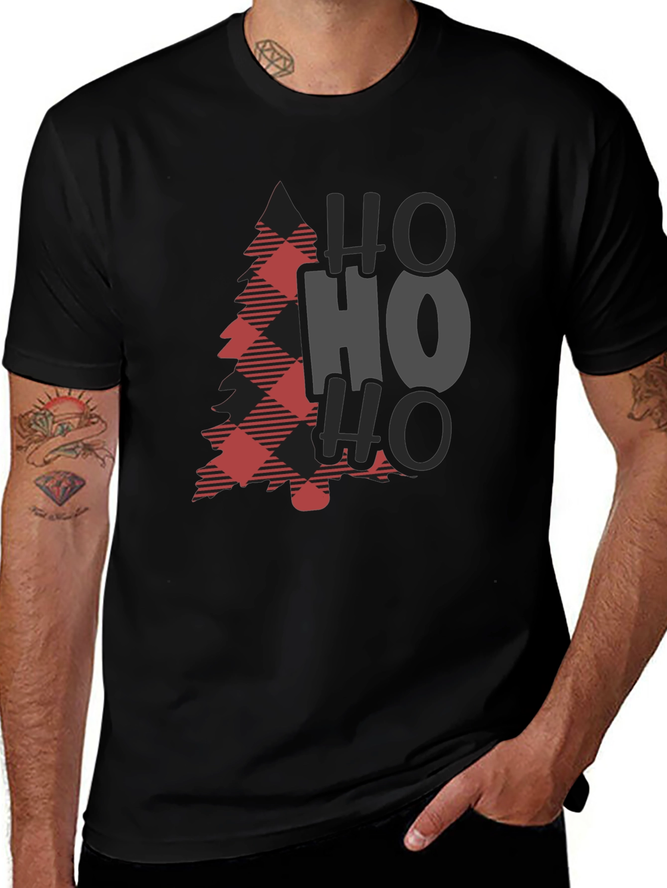 Plaid Christmas Tree HO HO HO Graphic Tee