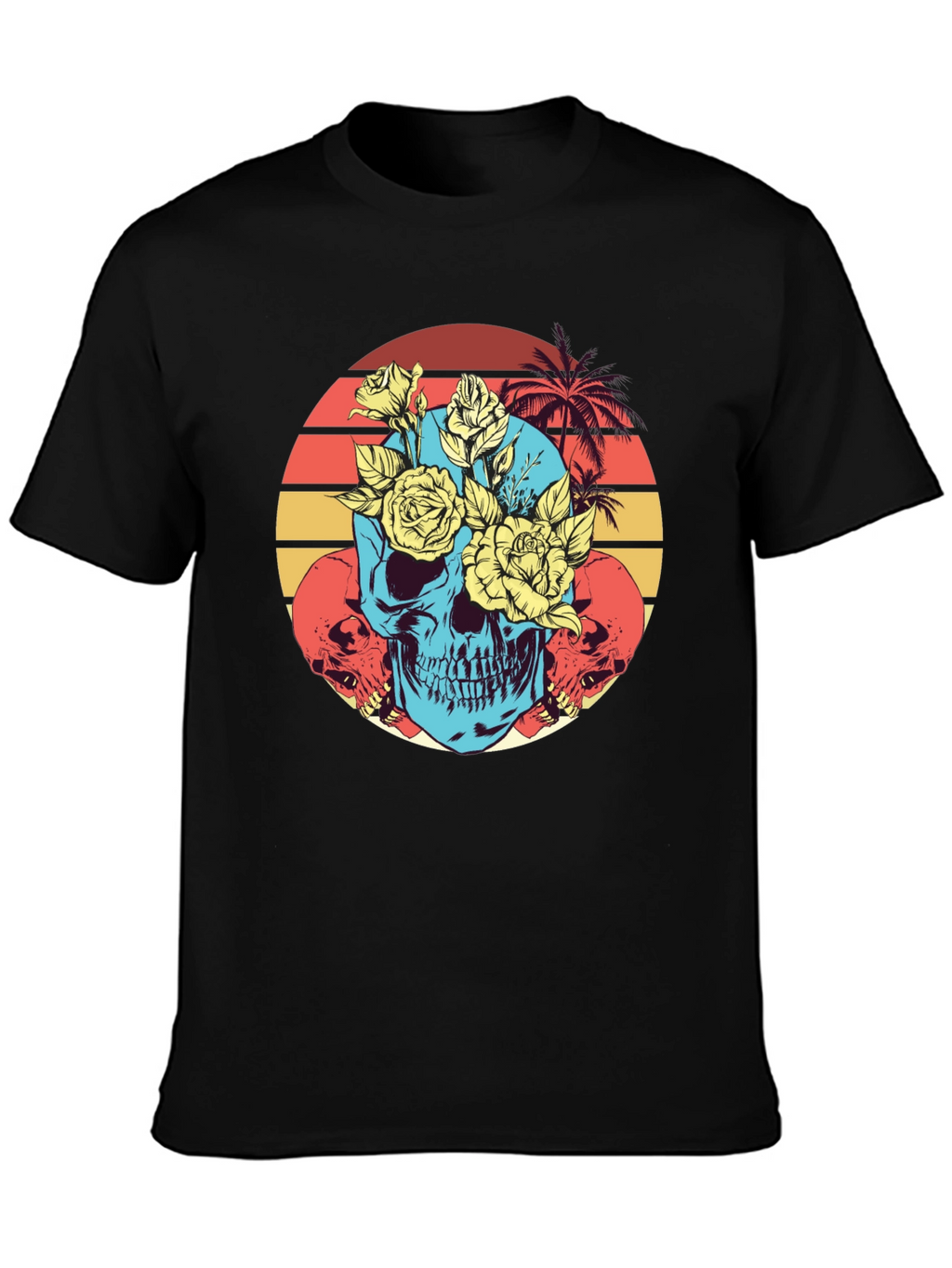 Skull & Roses Graphic Tee - Retro Sunset Design