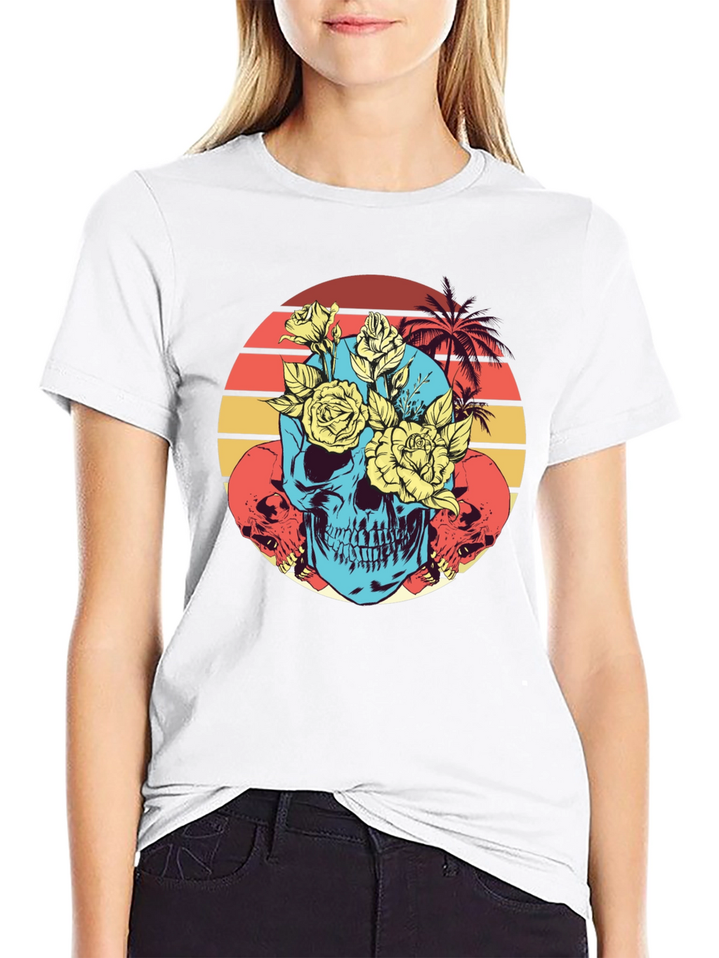 Skull & Roses Graphic Tee - Retro Sunset Design