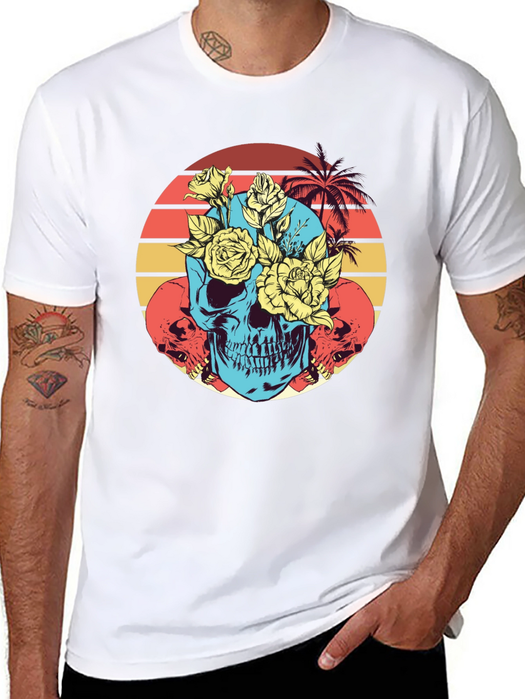Skull & Roses Graphic Tee - Retro Sunset Design