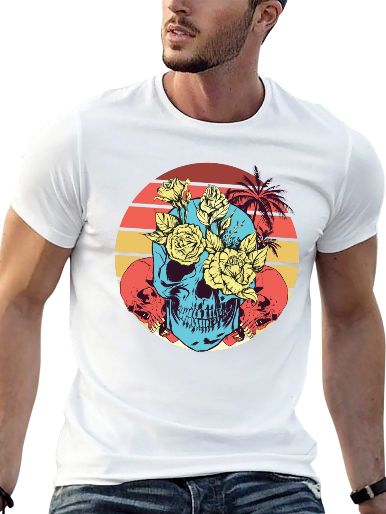 Skull & Roses Graphic Tee - Retro Sunset Design