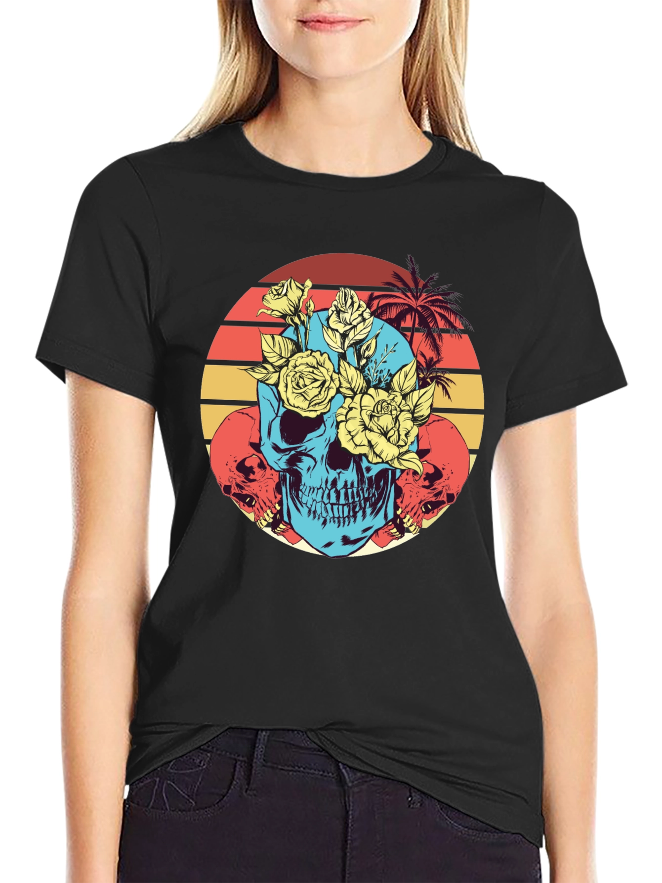 Skull & Roses Graphic Tee - Retro Sunset Design