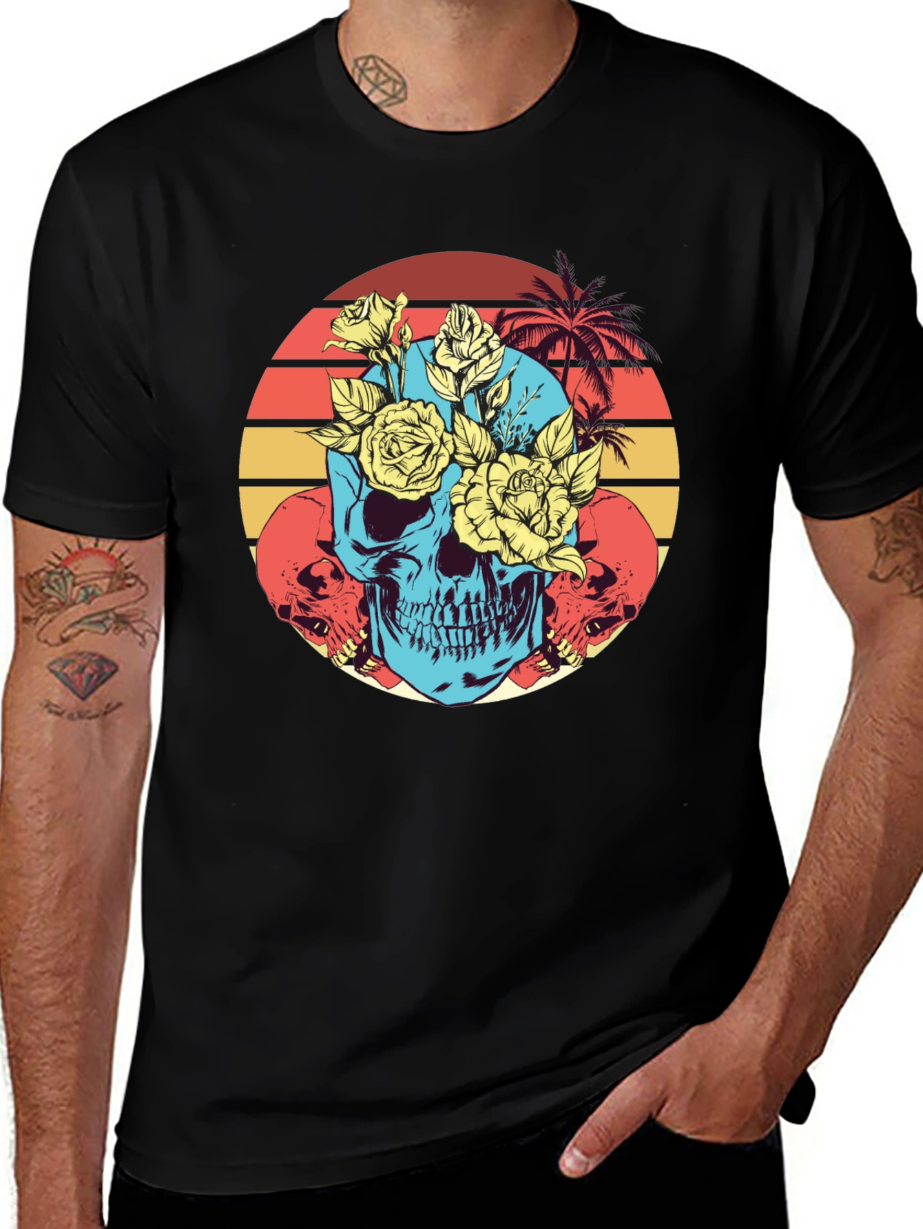 Skull & Roses Graphic Tee - Retro Sunset Design
