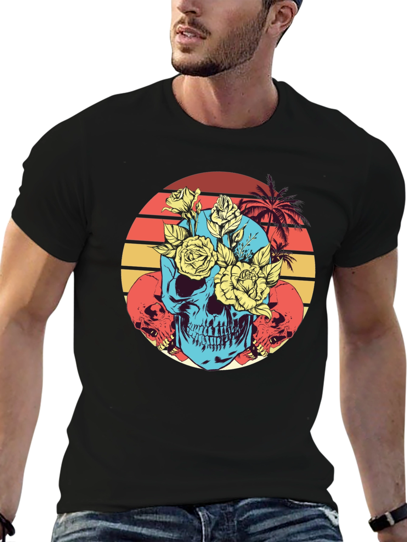 Skull & Roses Graphic Tee - Retro Sunset Design