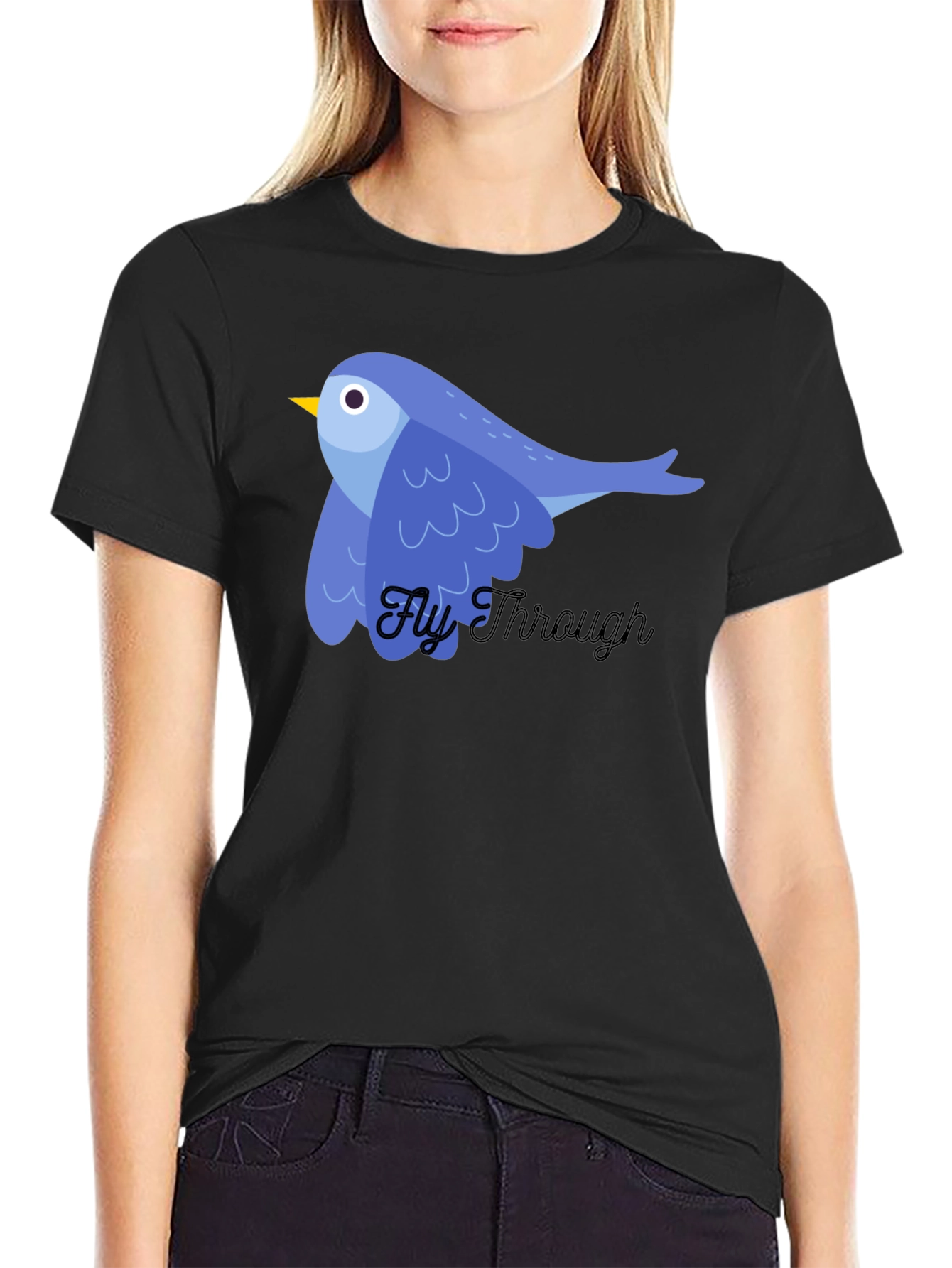 Blue Bird Fly Through Graphic Tee - Black Cotton T-Shirt