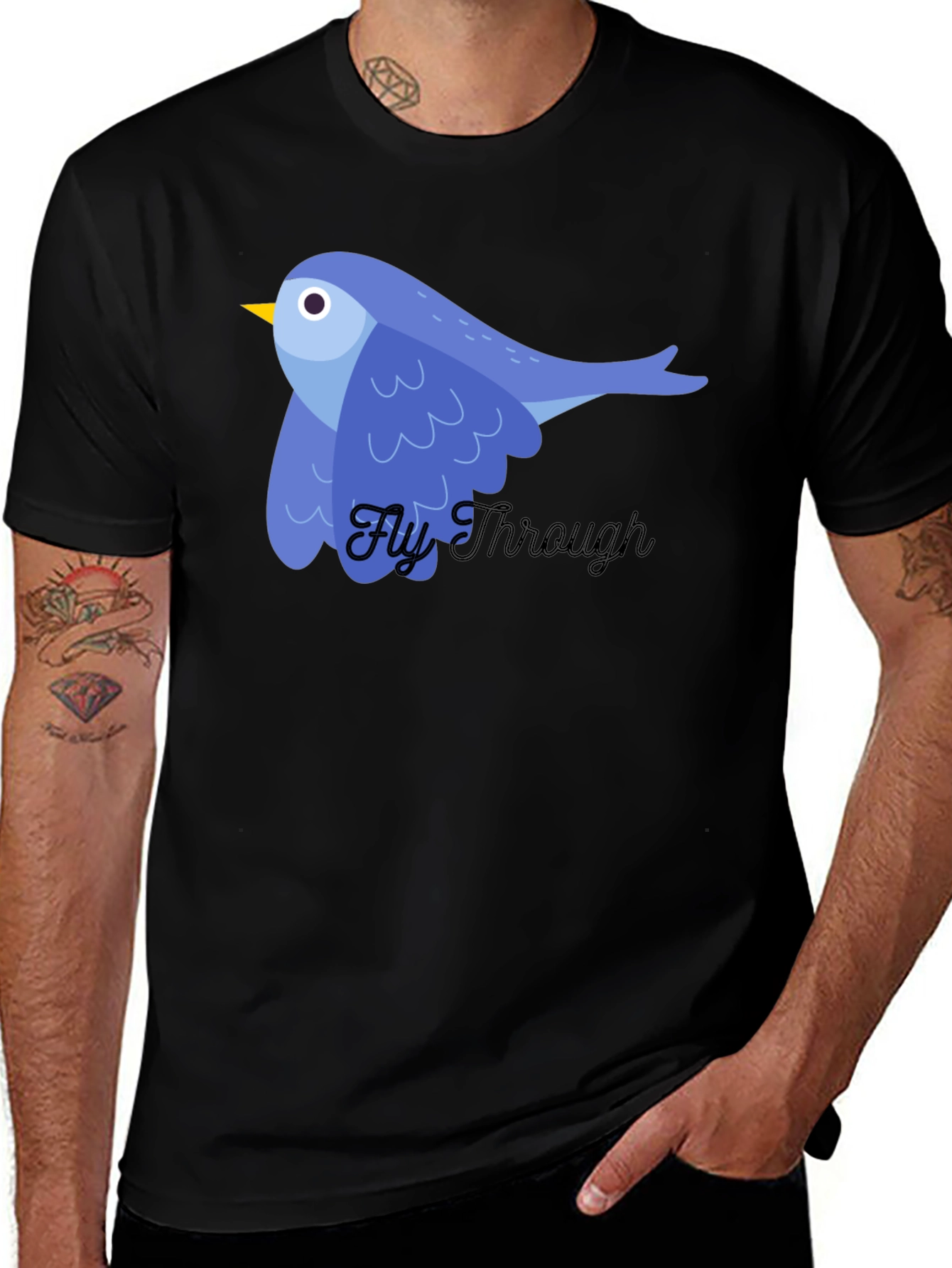 Blue Bird Fly Through Graphic Tee - Black Cotton T-Shirt