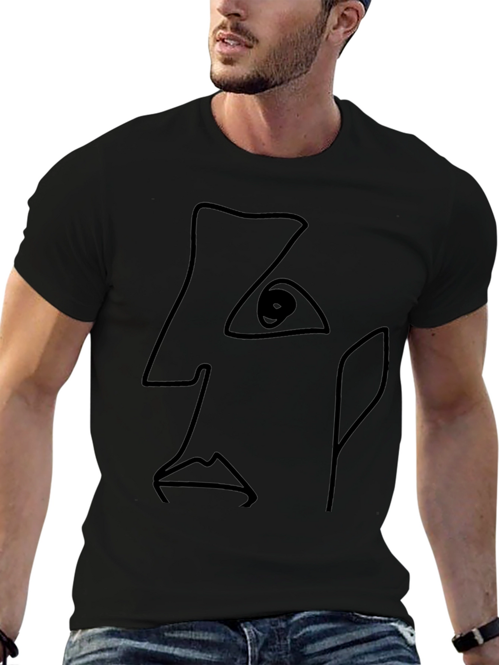 Abstract Line Art Face Black T-Shirt