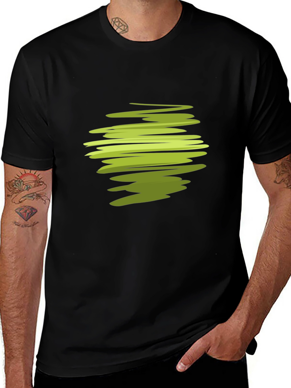 Abstract Green Swirl Graphic Black T-Shirt