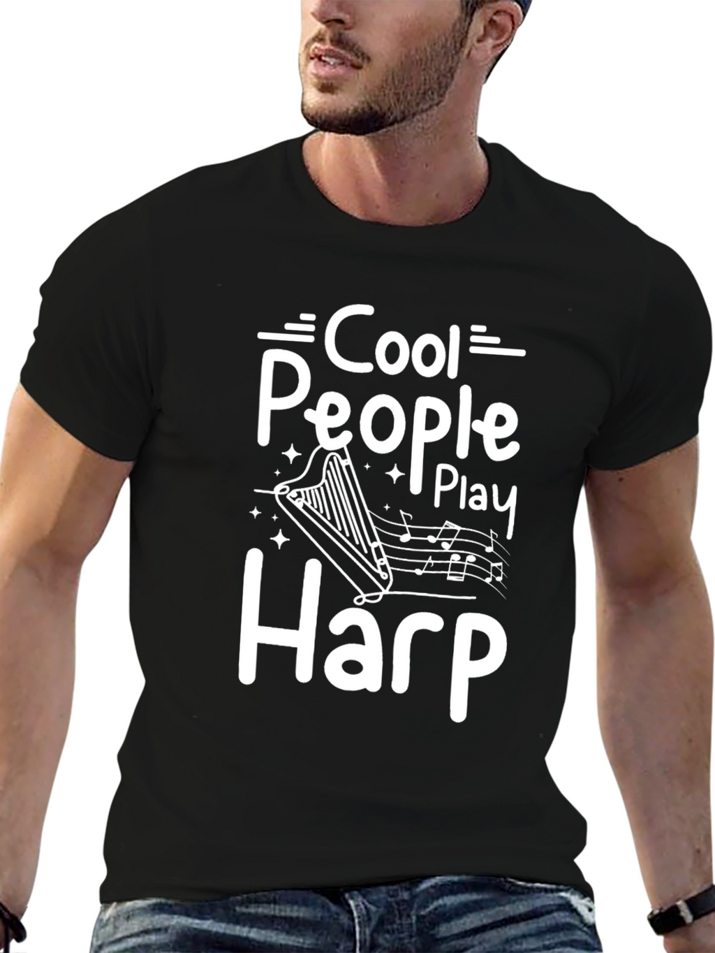 Cool People Play Harp Black Graphic Tee