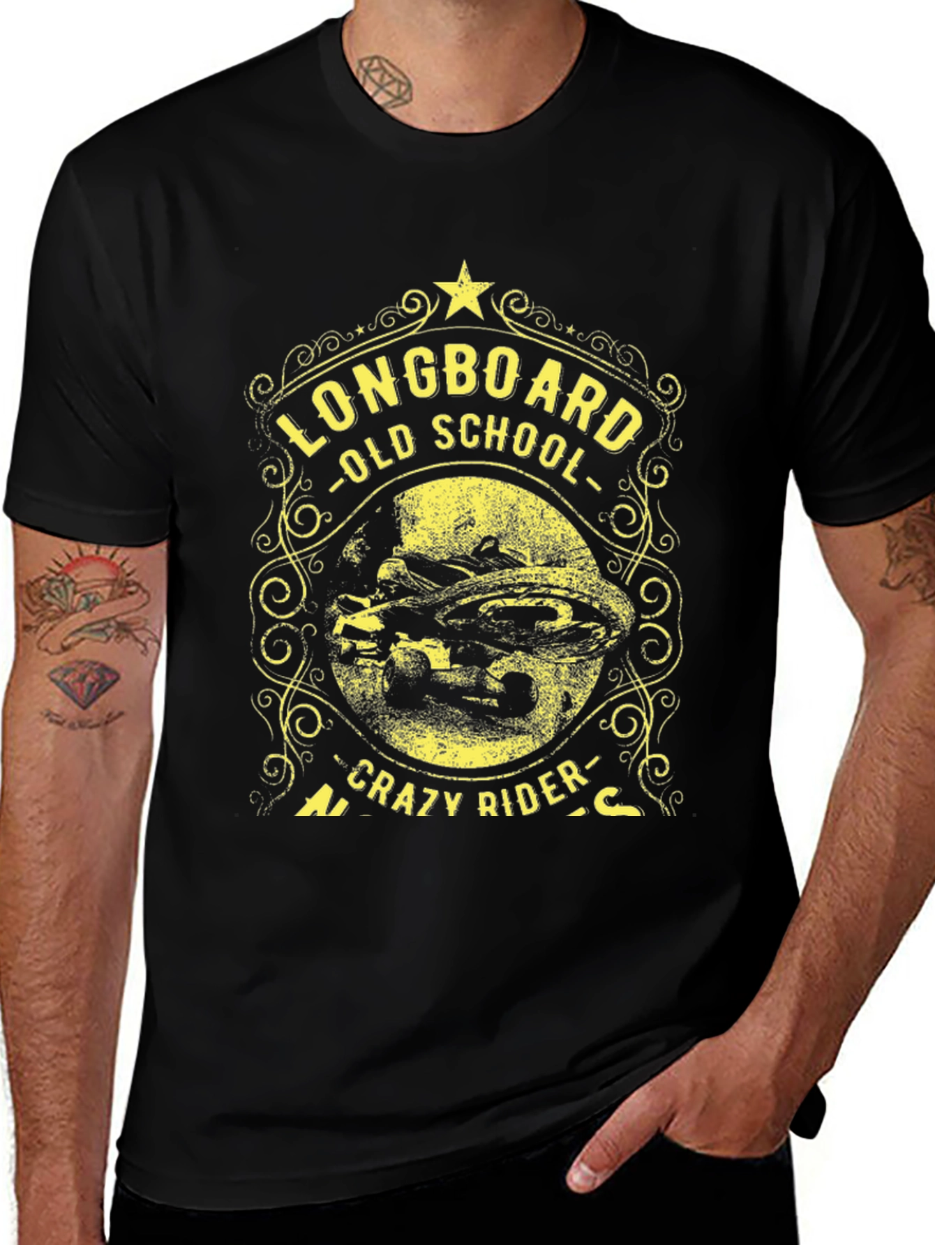 Longboard Old School Crazy Rider Black T-Shirt