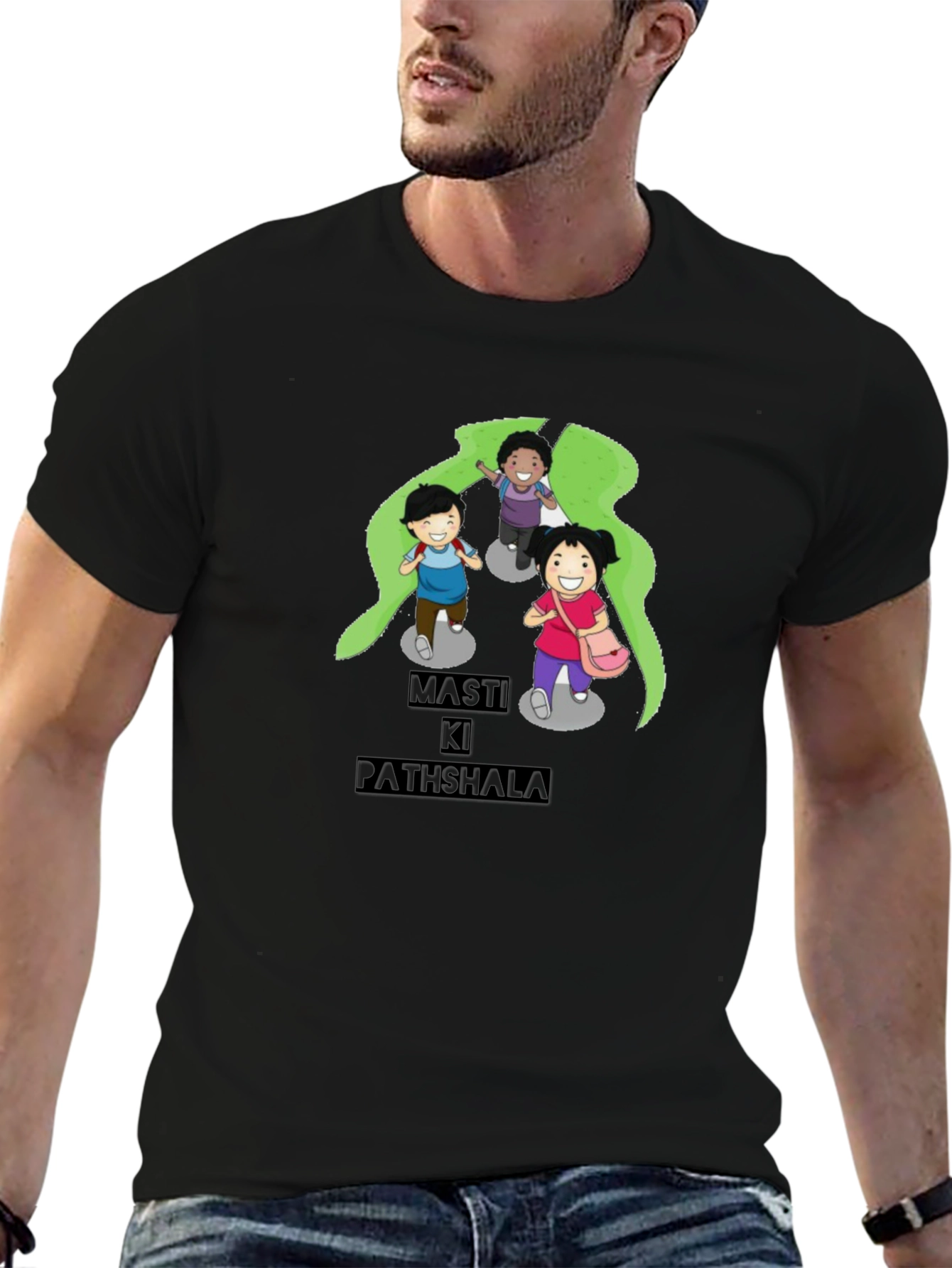 Black T-Shirt with Playful Cartoon Print