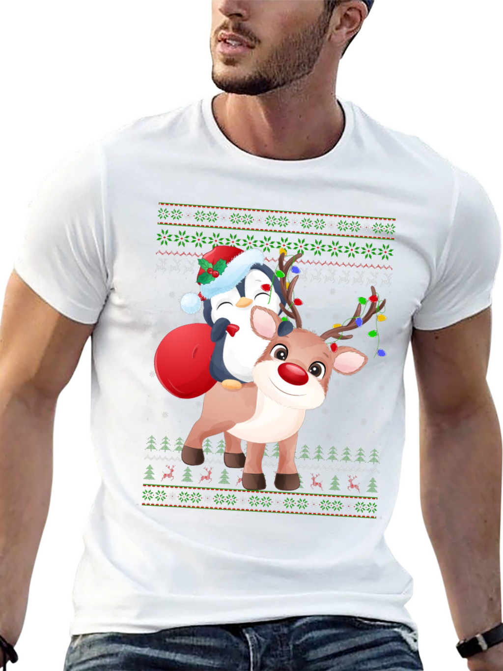 Festive Penguin Reindeer Christmas T-Shirt