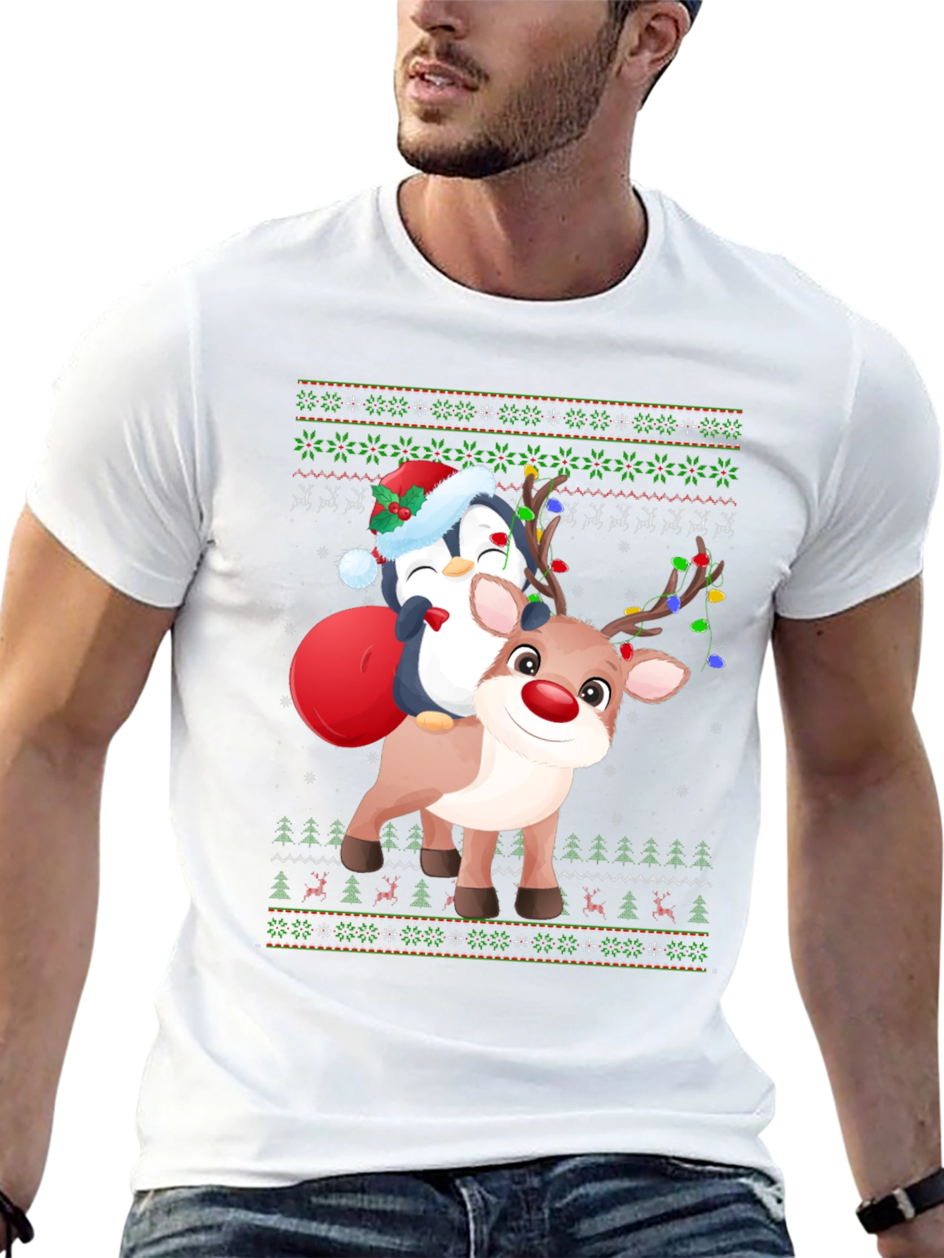 Festive Penguin Reindeer Christmas T-Shirt