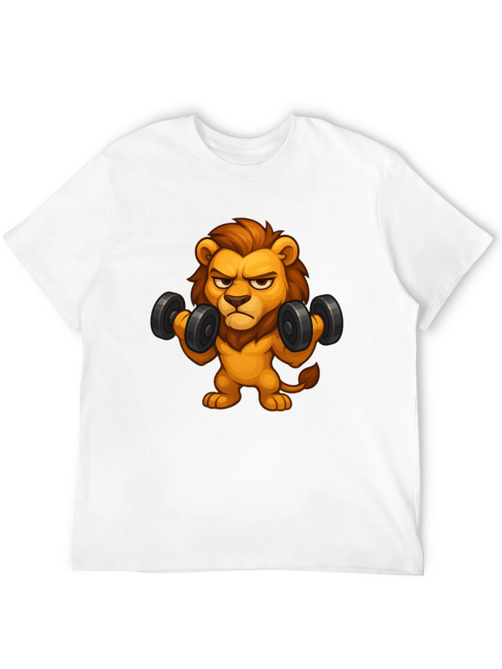 Cartoon Lion Lifting Weights Black T-Shirt