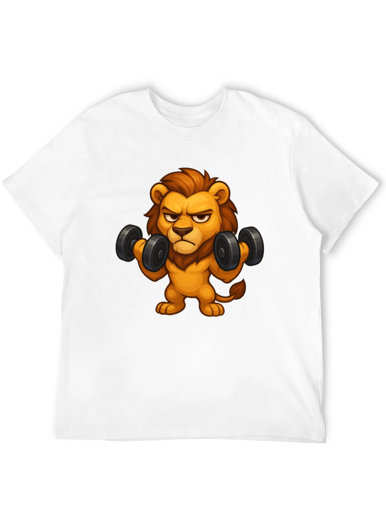 Cartoon Lion Lifting Weights Black T-Shirt