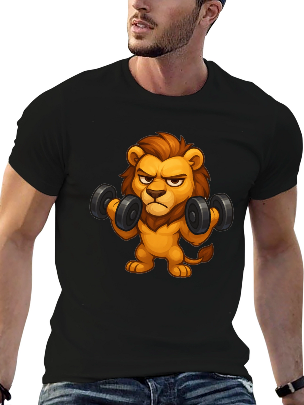 Cartoon Lion Lifting Weights Black T-Shirt