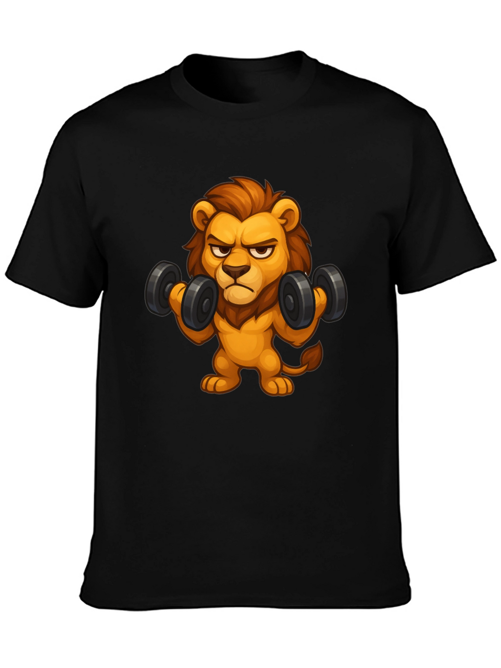 Cartoon Lion Lifting Weights Black T-Shirt