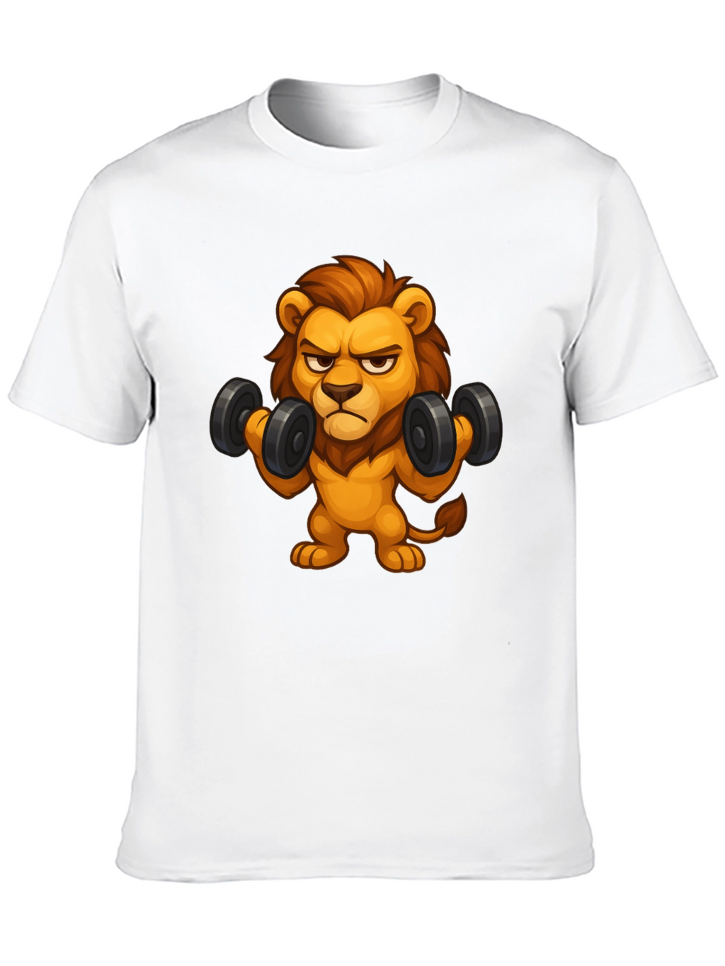 Cartoon Lion Lifting Weights Black T-Shirt