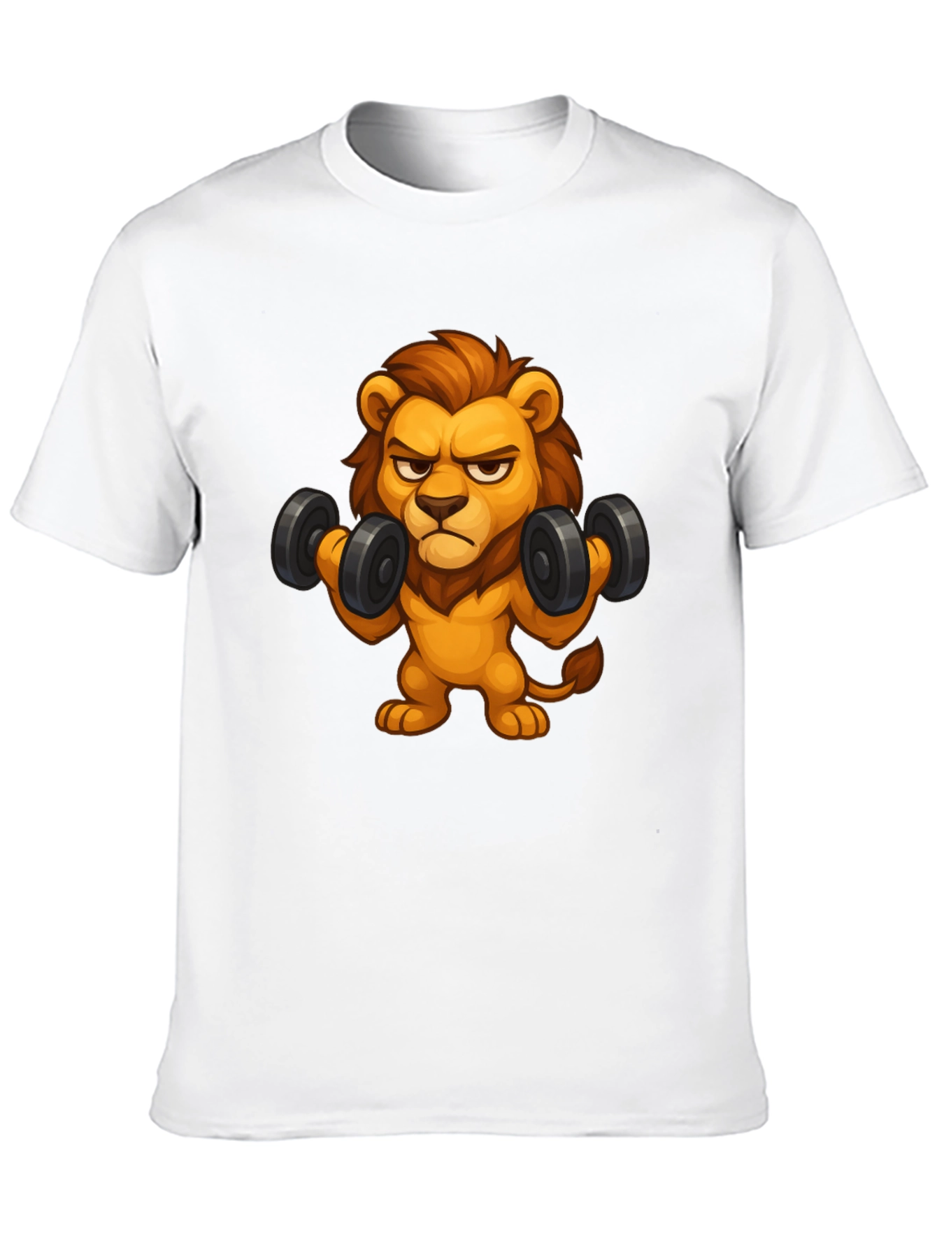 Cartoon Lion Lifting Weights Black T-Shirt