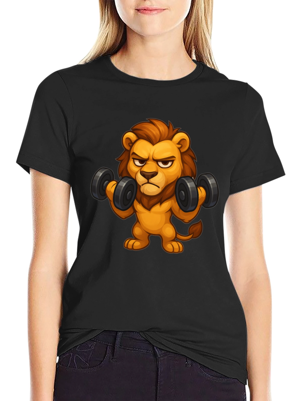 Cartoon Lion Lifting Weights Black T-Shirt