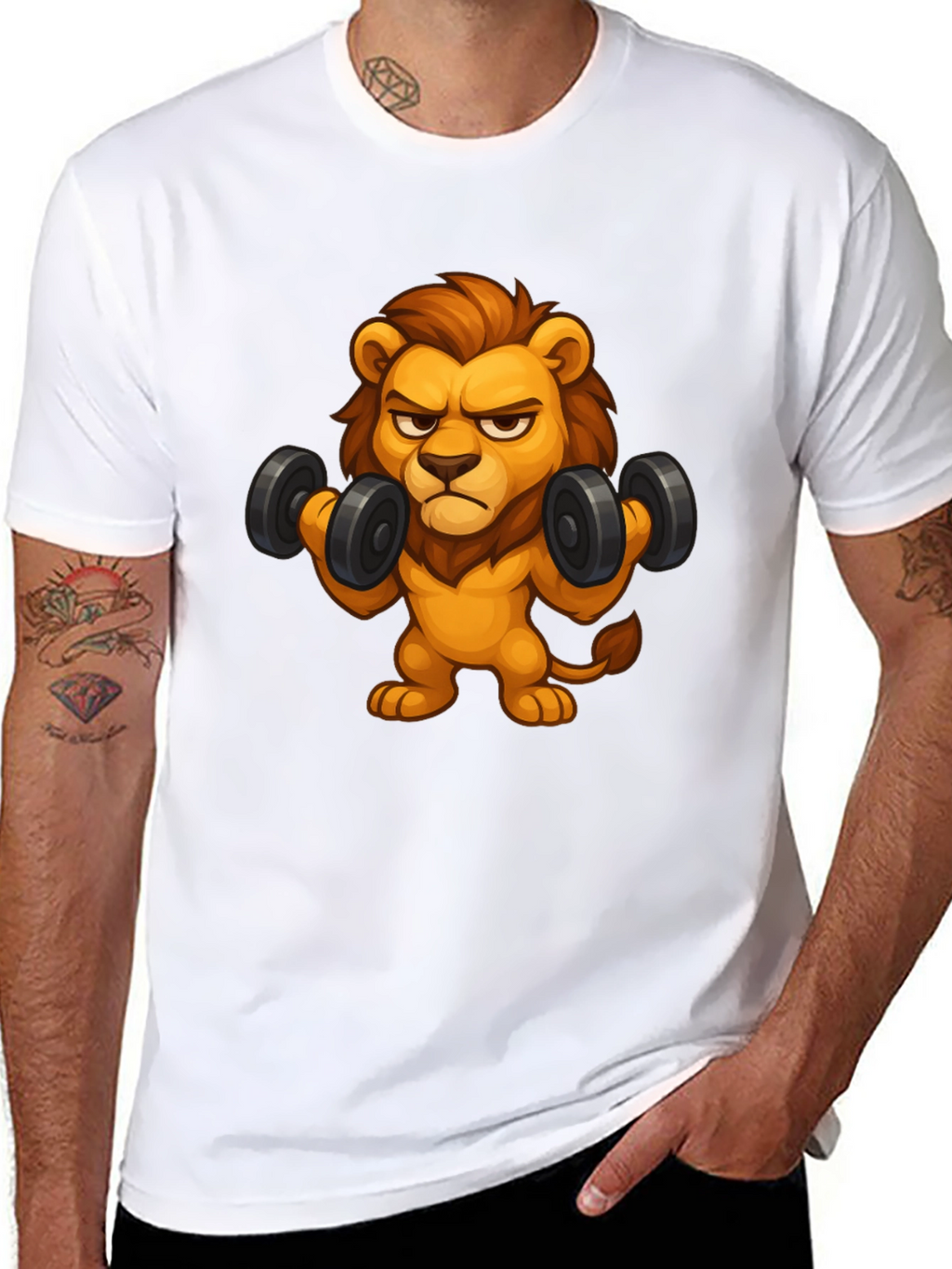 Cartoon Lion Lifting Weights Black T-Shirt