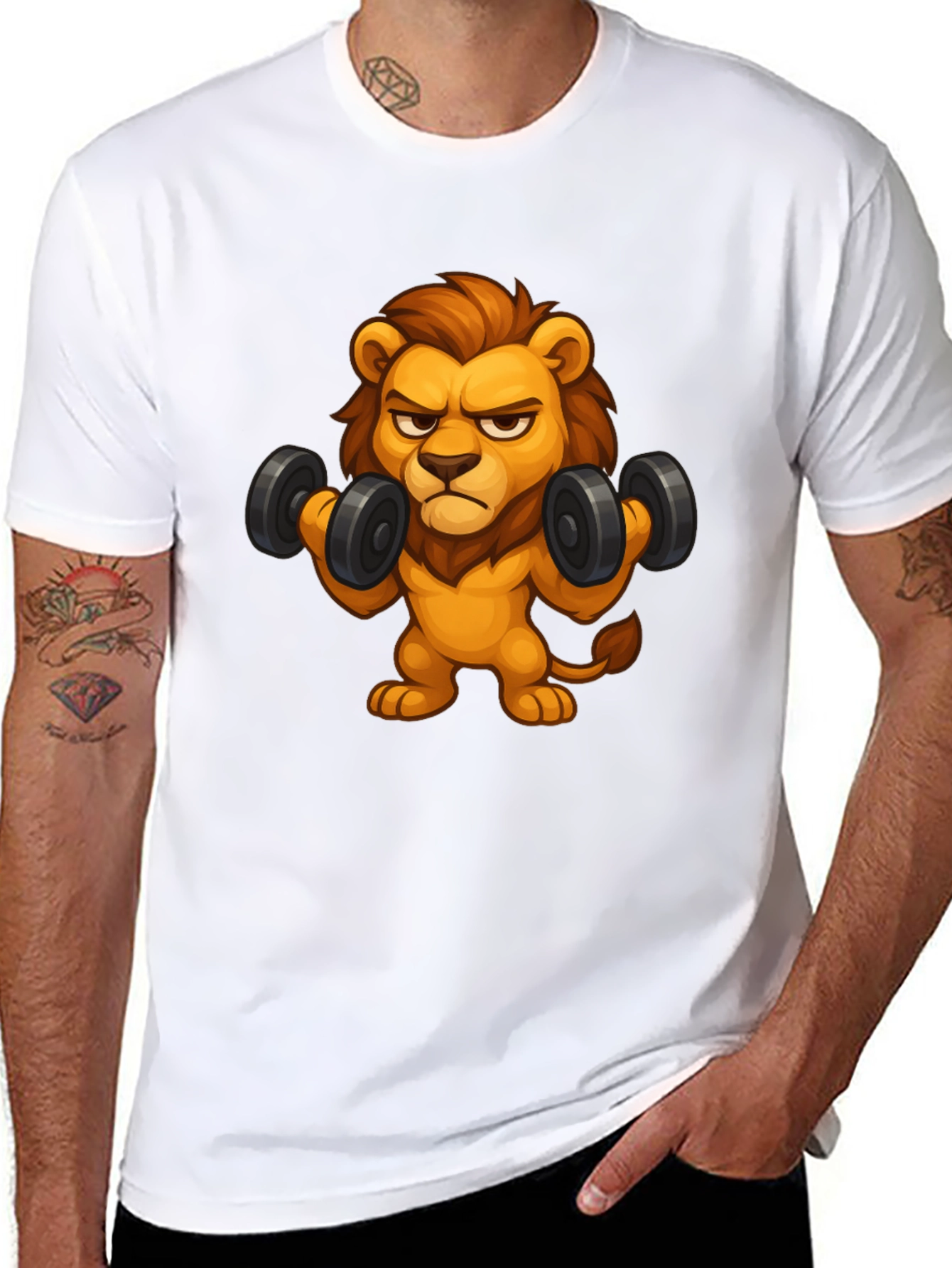 Cartoon Lion Lifting Weights Black T-Shirt