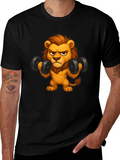 Cartoon Lion Lifting Weights Black T-Shirt