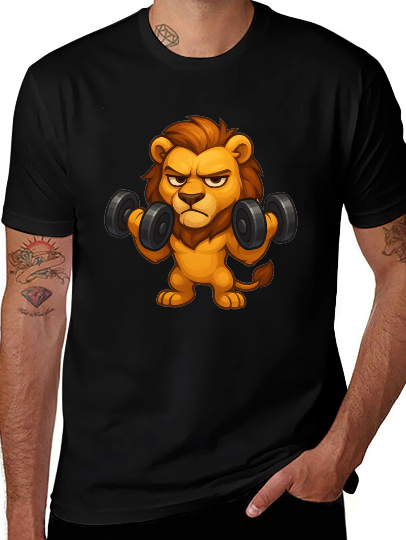 Cartoon Lion Lifting Weights Black T-Shirt