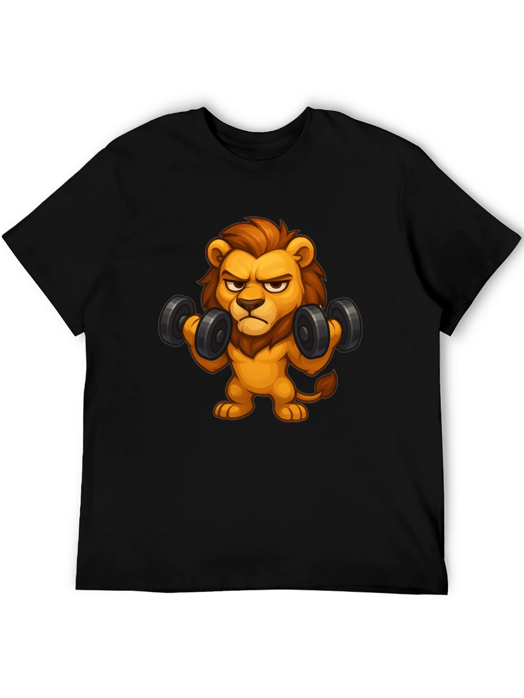 Cartoon Lion Lifting Weights Black T-Shirt