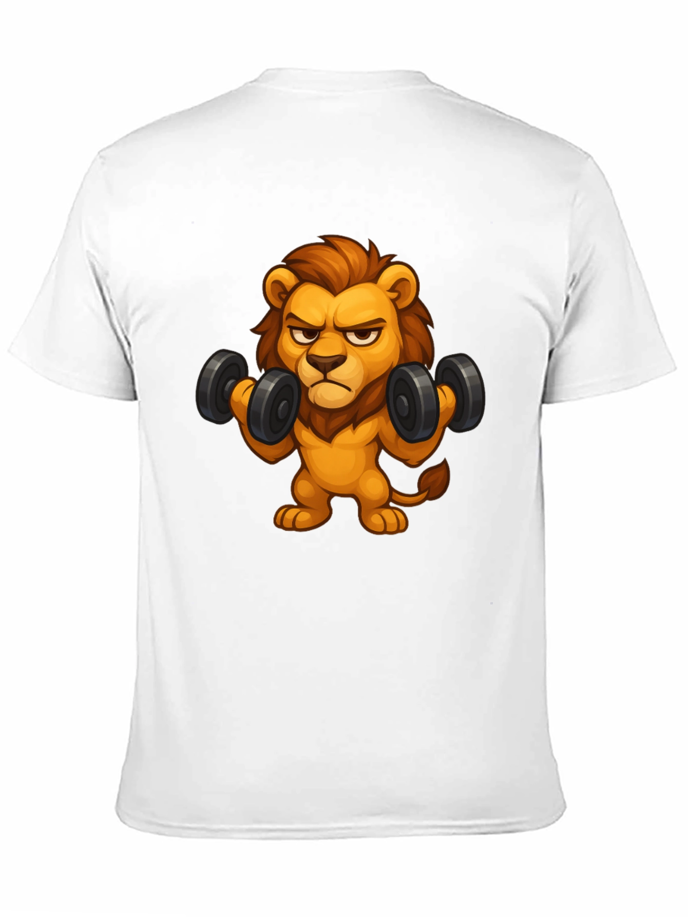 Cartoon Lion Lifting Weights Black T-Shirt