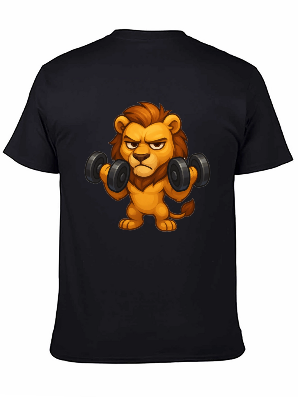 Cartoon Lion Lifting Weights Black T-Shirt
