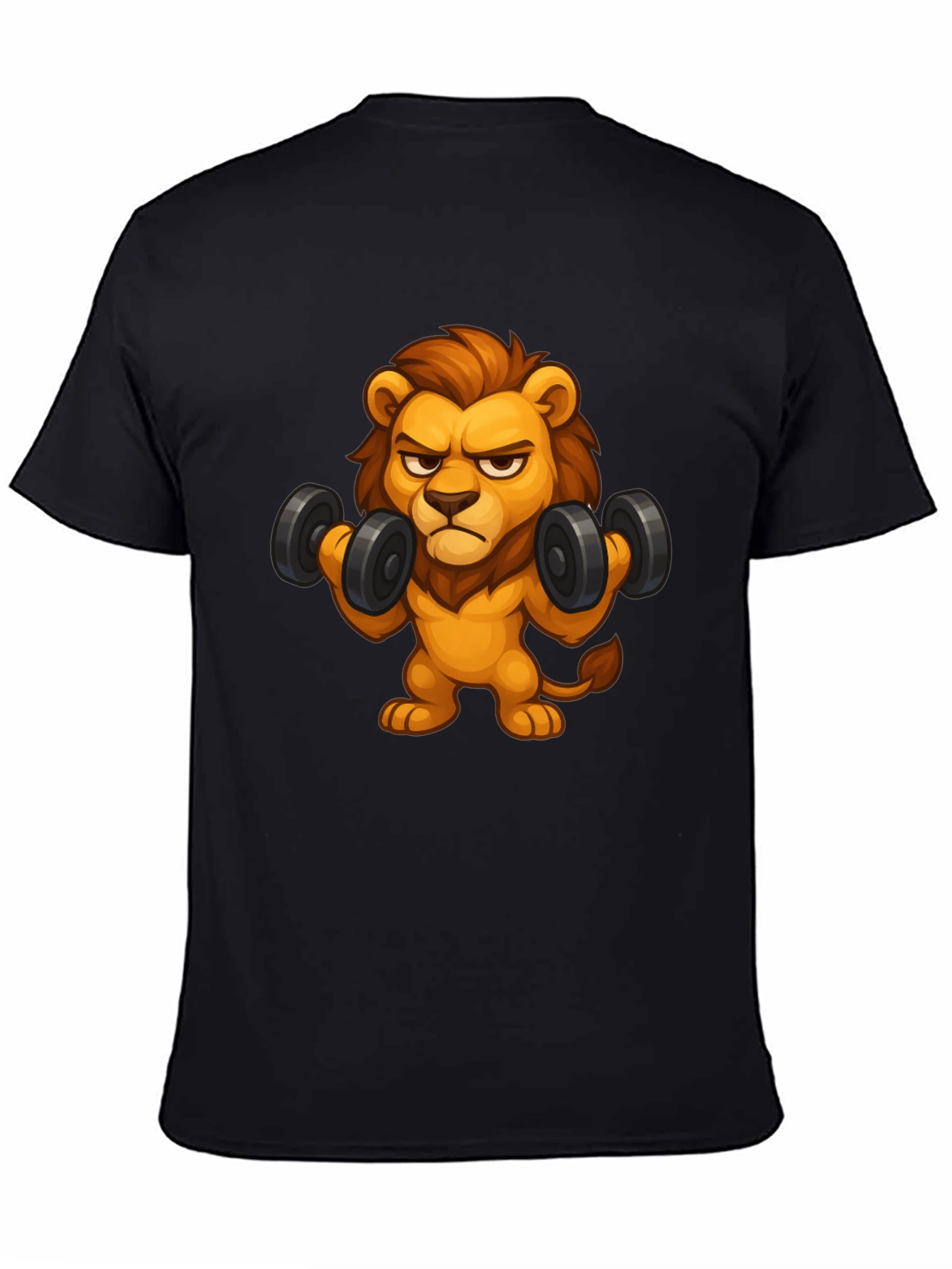 Cartoon Lion Lifting Weights Black T-Shirt