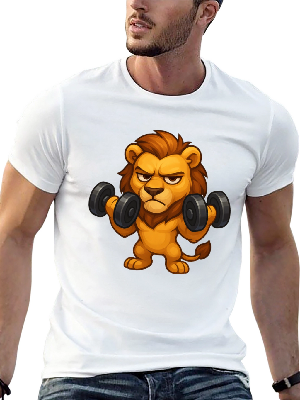 Cartoon Lion Lifting Weights Black T-Shirt